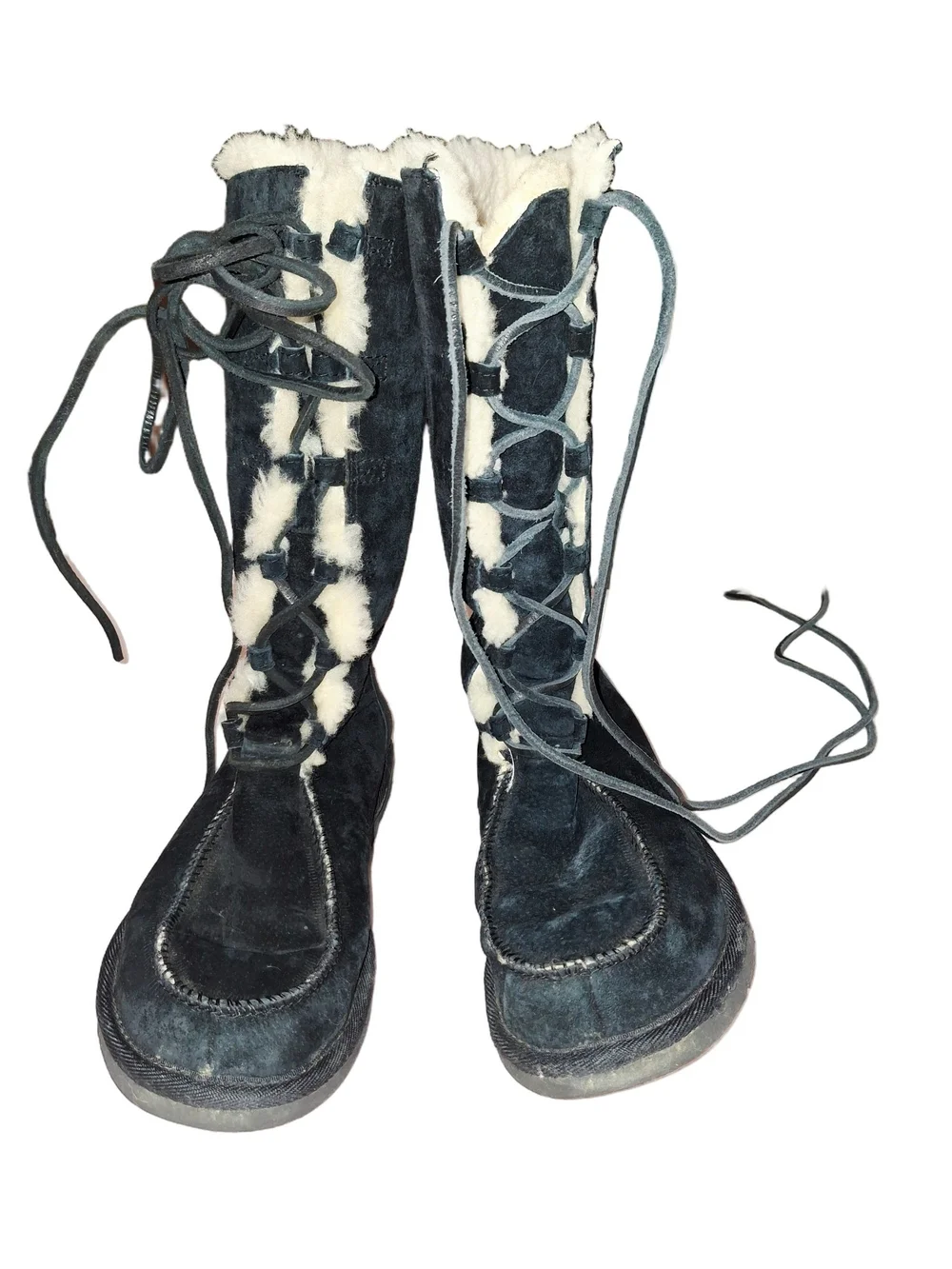 Ugg Black Suade Lace Up Cabincore Sz 7 Winter Moccasin Leather Boots